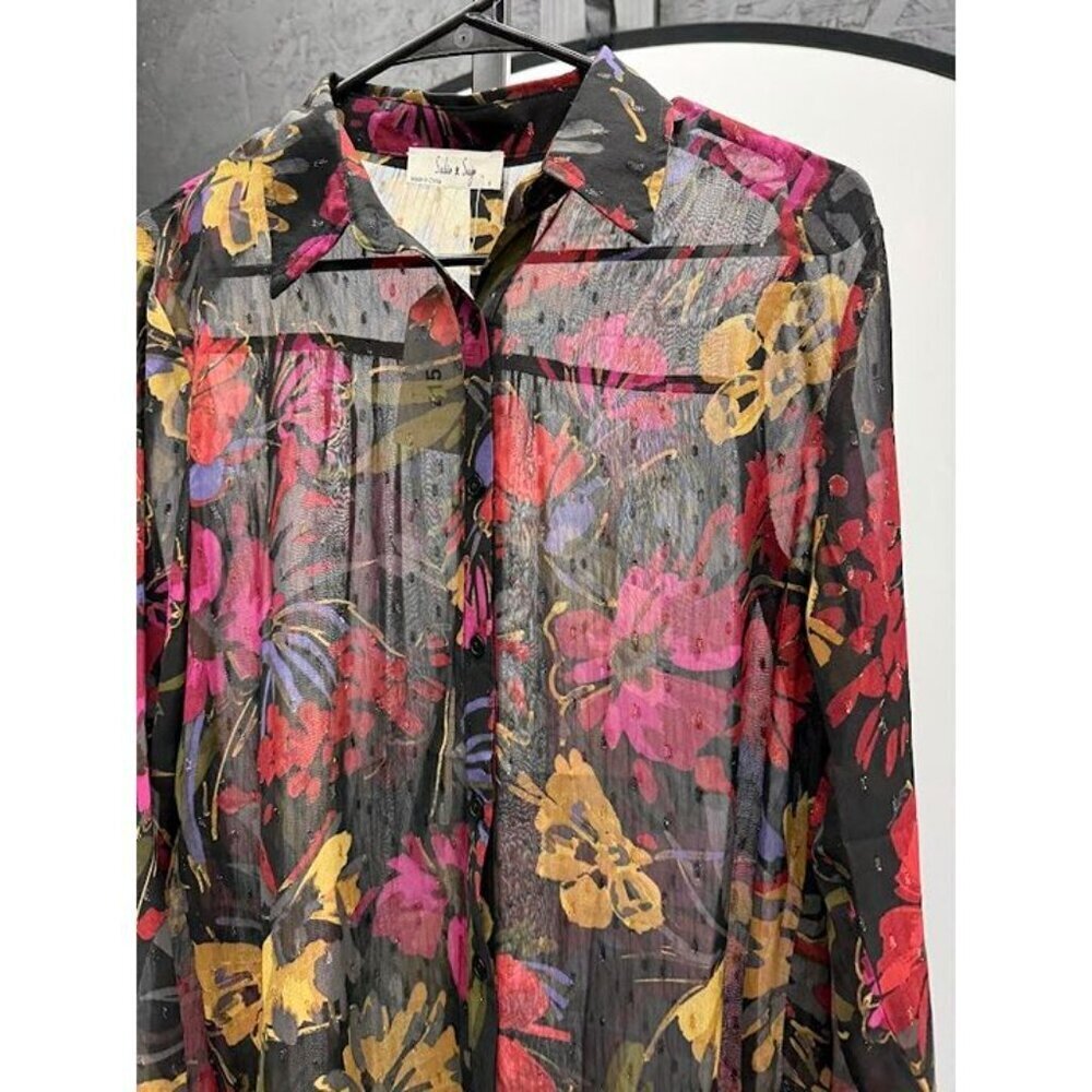 Sadie & Sage Black Floral Sheer Shirt - Picture 2 of 5
